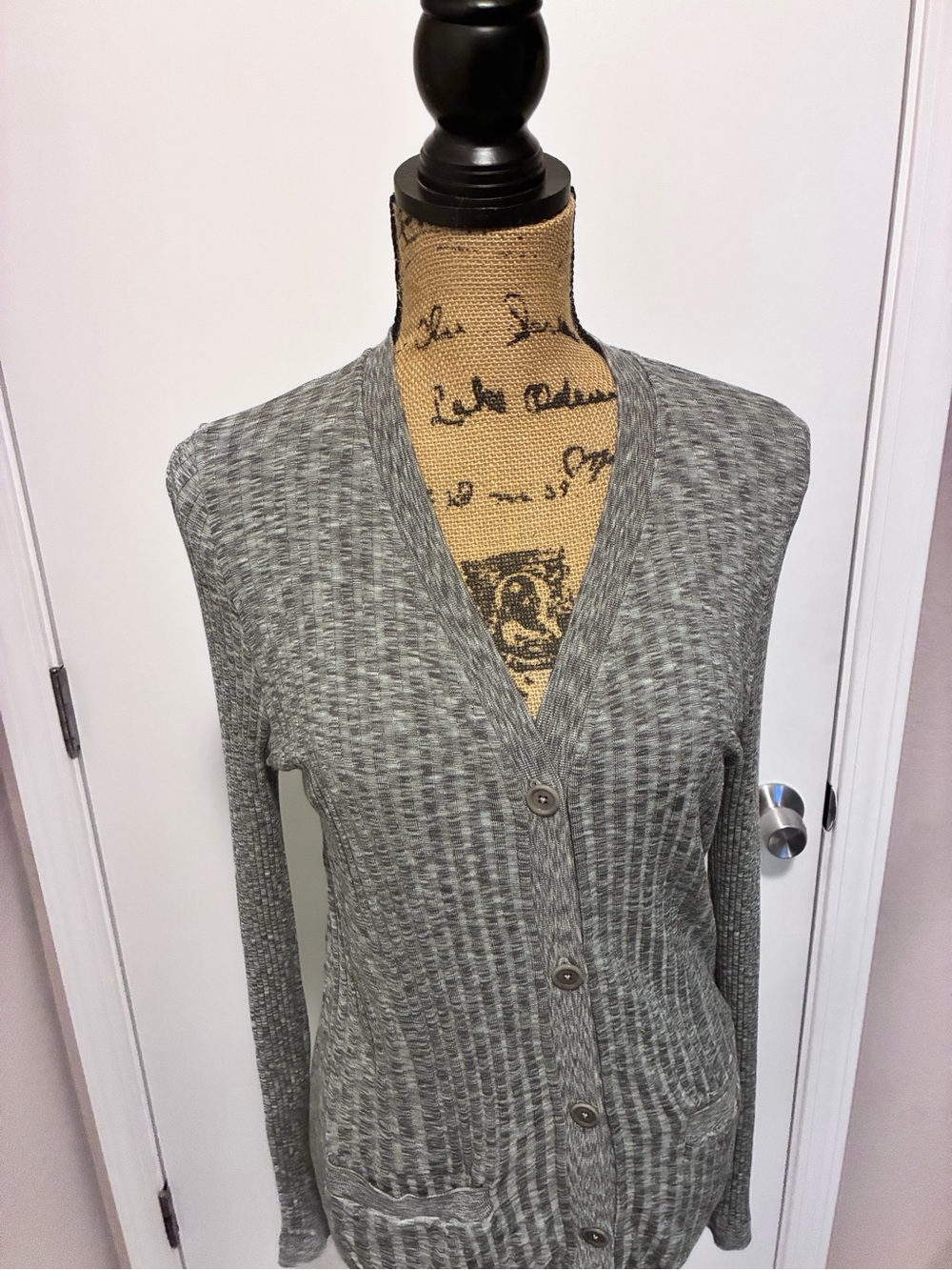 Athleta Heather Grey Ribbed V-Neck Button Cardigan - Picture 3 of 6